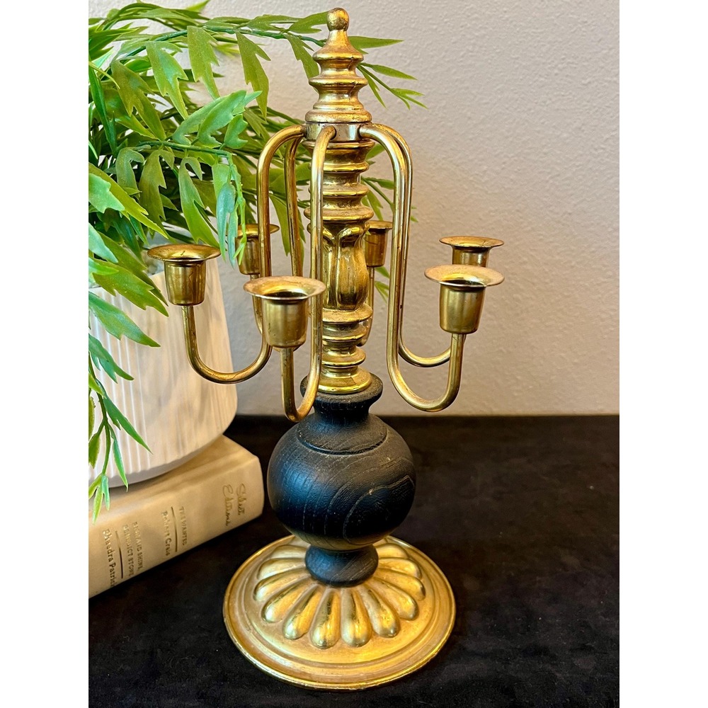 Vintage Dilly 6 Arm Candelabra Black Wood Brass Tone Gothic Hollywood Regency